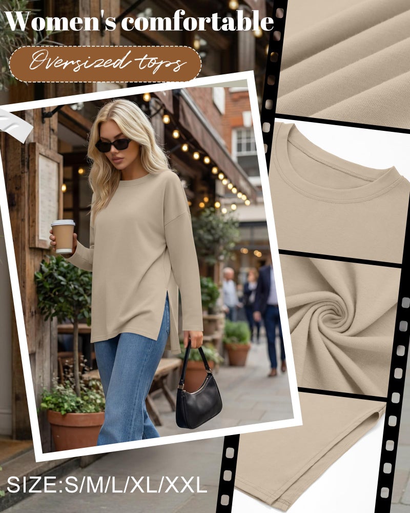 Huukeay 3 Pack Oversized Long Sleeve Shirts for Women Cotton Workout Side Split Gym Crewneck Tops Loose Basic Tee Winter(Dark Brown, Coffee, Gray Khaki,XX-Large) - Image 4