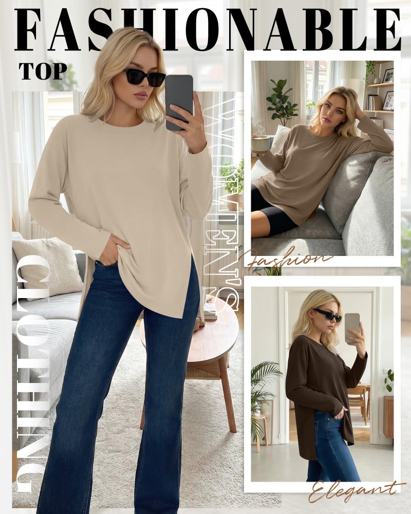 Huukeay 3 Pack Oversized Long Sleeve Shirts for Women Cotton Workout Side Split Gym Crewneck Tops Loose Basic Tee Winter(Dark Brown, Coffee, Gray Khaki,XX-Large) - Image 2