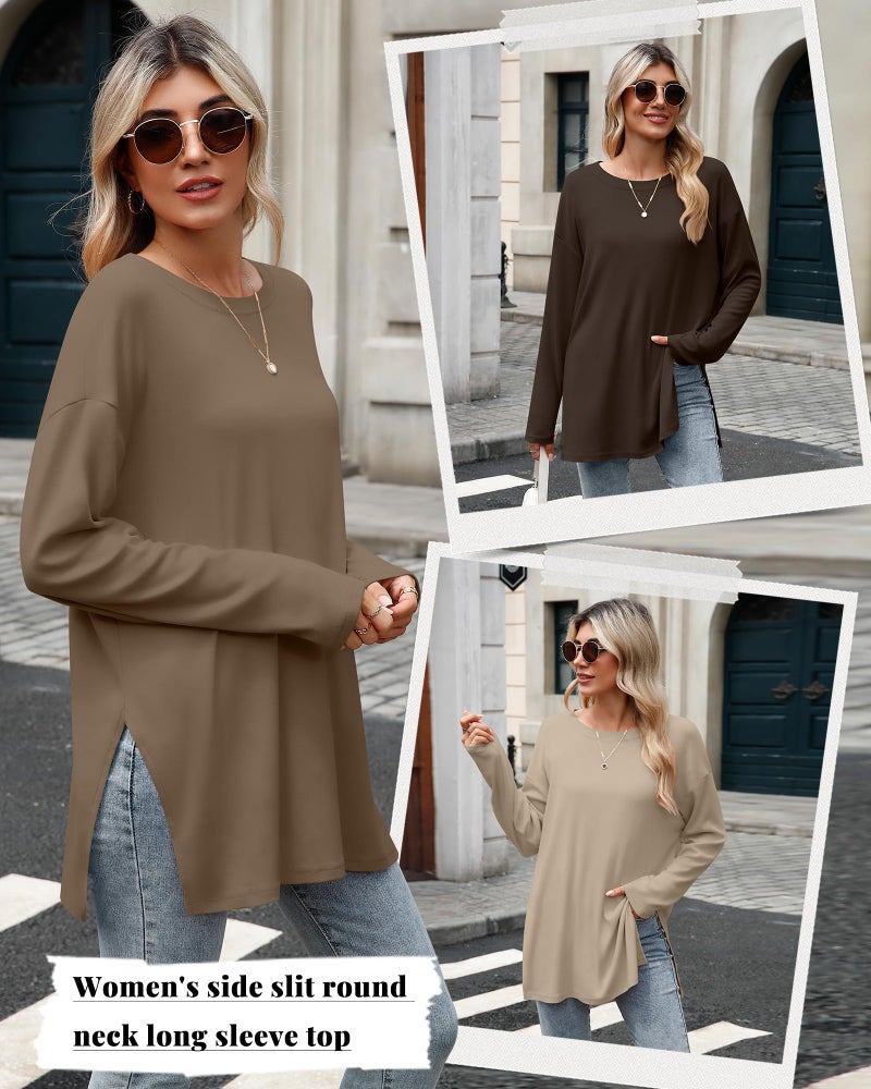 Huukeay 3 Pack Oversized Long Sleeve Shirts for Women Cotton Workout Side Split Gym Crewneck Tops Loose Basic Tee Winter(Dark Brown, Coffee, Gray Khaki,XX-Large) - Image 5