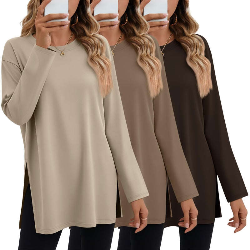 Huukeay 3 Pack Oversized Long Sleeve Shirts for Women Cotton Workout Side Split Gym Crewneck Tops Loose Basic Tee Winter(Dark Brown, Coffee, Gray Khaki,XX-Large) - Image 1