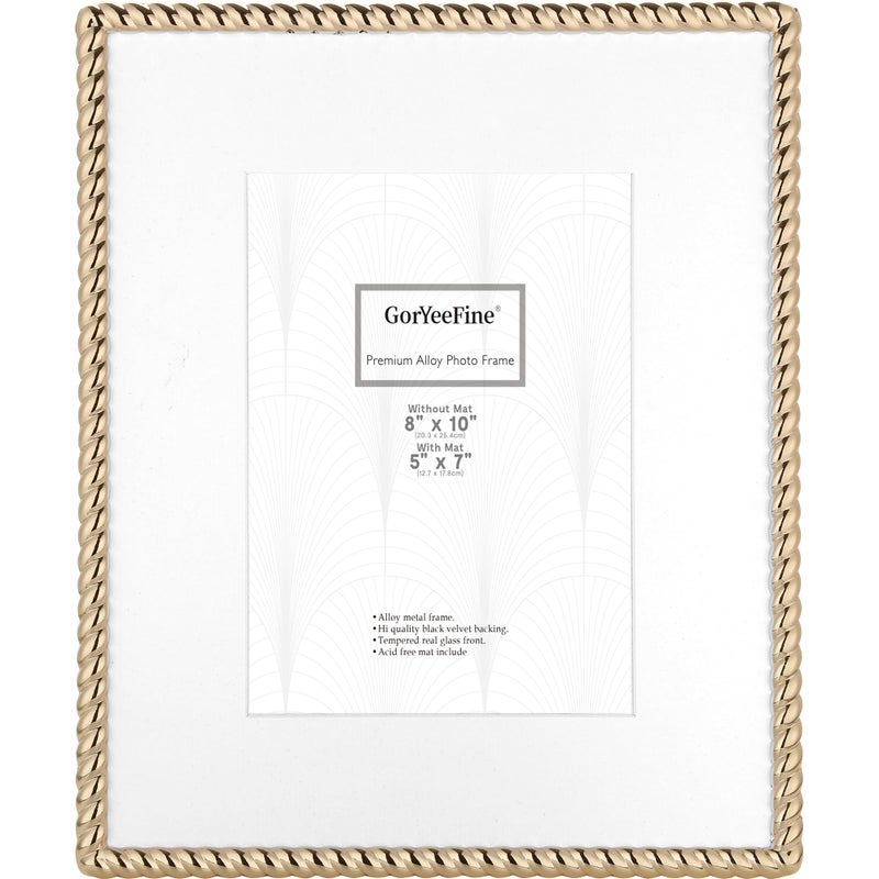 GorYeeFine High-End 8x10'' Gold Photo Frames with Acid Free Mat for 5x7''- Contemporary Rope Profile,Velvet Backing,Tempered Glass Front 5x7'' Picture Frames for Weddings and Home DÃ©cor - Image 1
