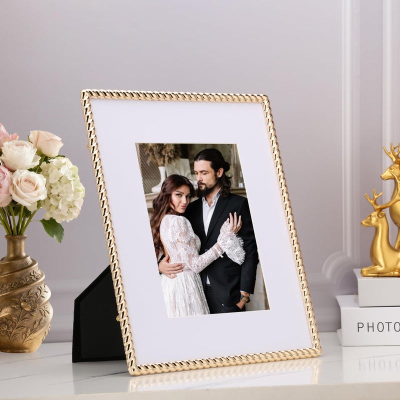 GorYeeFine High-End 8x10'' Gold Photo Frames with Acid Free Mat for 5x7''- Contemporary Rope Profile,Velvet Backing,Tempered Glass Front 5x7'' Picture Frames for Weddings and Home DÃ©cor - Image 2