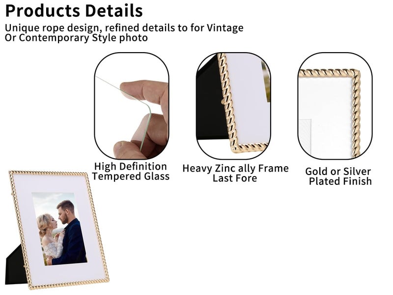 GorYeeFine High-End 8x10'' Gold Photo Frames with Acid Free Mat for 5x7''- Contemporary Rope Profile,Velvet Backing,Tempered Glass Front 5x7'' Picture Frames for Weddings and Home DÃ©cor - Image 4