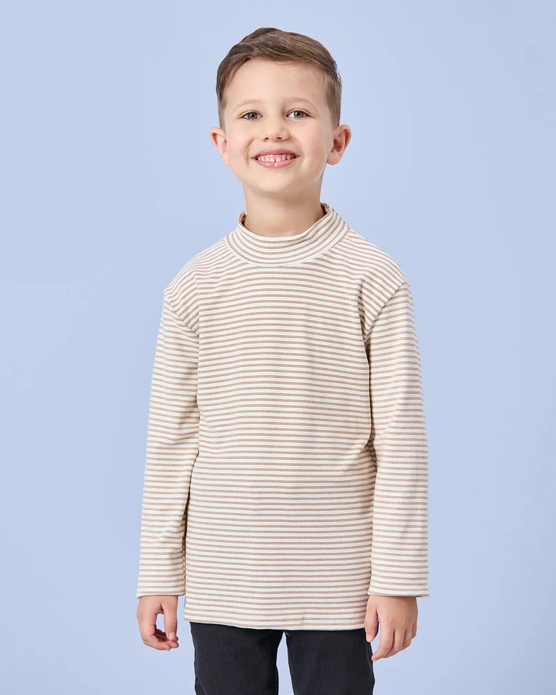 Redtag Boys Beige Striped Turtle neck Long Sleeve T-Shirt