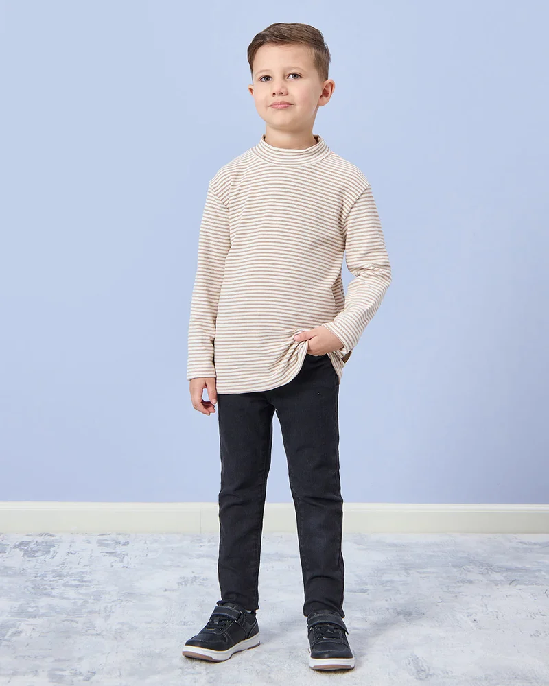 Redtag Boys Beige Striped Turtle neck Long Sleeve T-Shirt