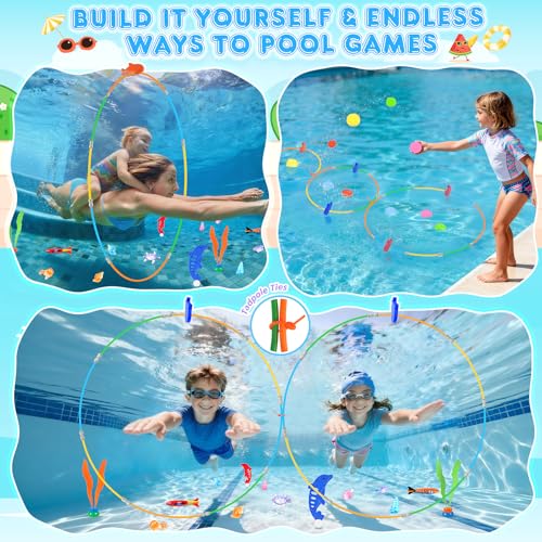 EULRGAUS Pool Toys 34PCS Swim Thru Rings Pool Games Diving Toys with Diving Rings Underwater Treasures Diving Gems Water Toys with Splash Balls Water Frisbee Swim Toys for Kids Boys and Girls - Image 5