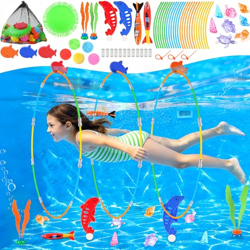 EULRGAUS Pool Toys 34PCS Swim Thru Rings Pool Games Diving Toys with Diving Rings Underwater Treasures Diving Gems Water Toys with Splash Balls Water Frisbee Swim Toys for Kids Boys and Girls - Image 1
