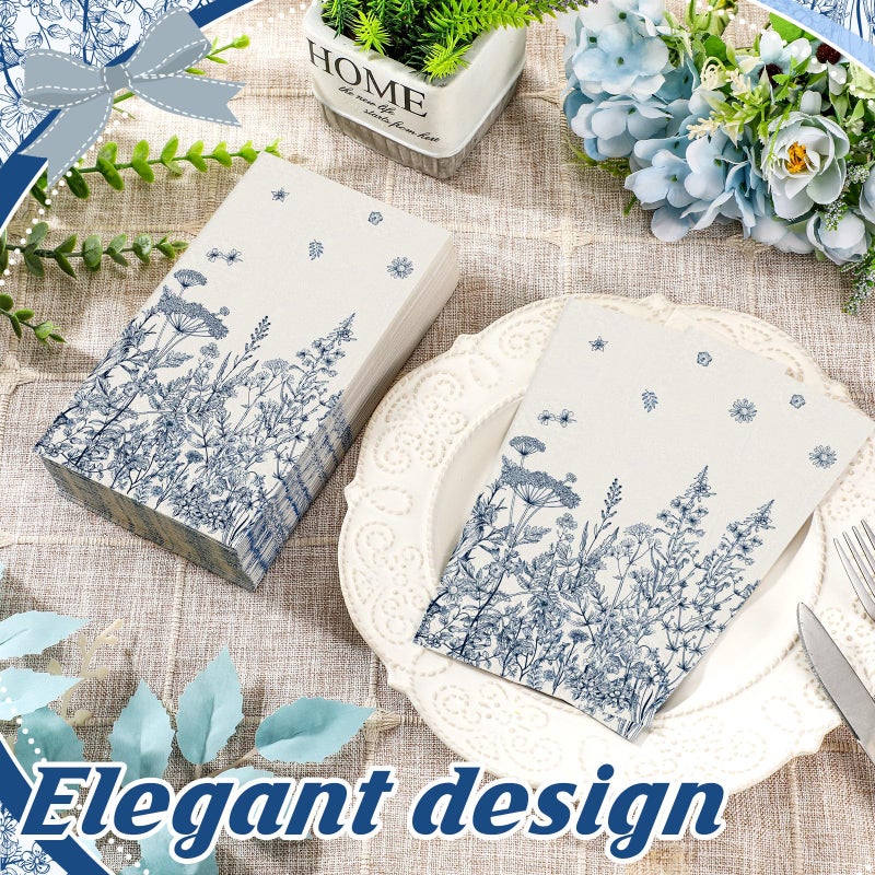 Moinchore 200 Pcs Blue Floral Decorative Paper Towels 2 Ply Blue and White Disposable Hand Towels for Bathroom Summer Wildflower Paper Guest Towels for Holiday Wedding Bridal Shower Tea Party - Image 2