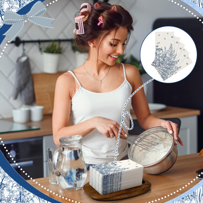 Moinchore 200 Pcs Blue Floral Decorative Paper Towels 2 Ply Blue and White Disposable Hand Towels for Bathroom Summer Wildflower Paper Guest Towels for Holiday Wedding Bridal Shower Tea Party - Image 4