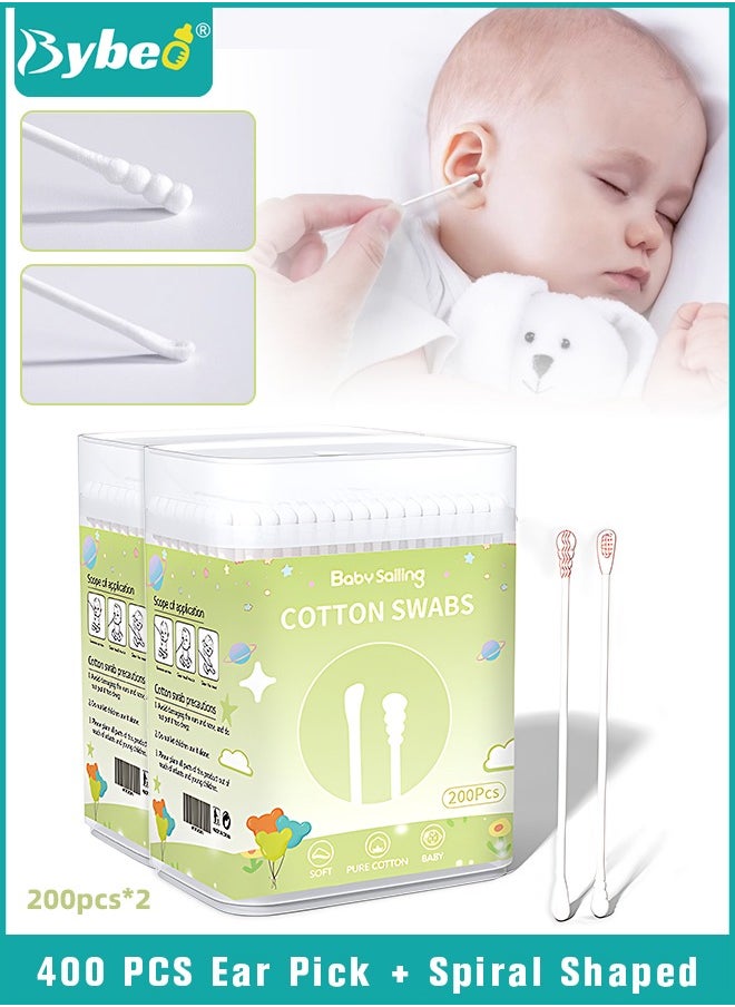 Bybeo - 400PCS Baby Cotton Swabs,  Double-headed Ear Spoon, Baby Cotton Buds, Baby Cotton Safe Swabs for Delicate Baby Ear Nose, 100% Pure Organic Cotton,100% Biodegradable Chlorine Free & Hypoallergenic - Image 1