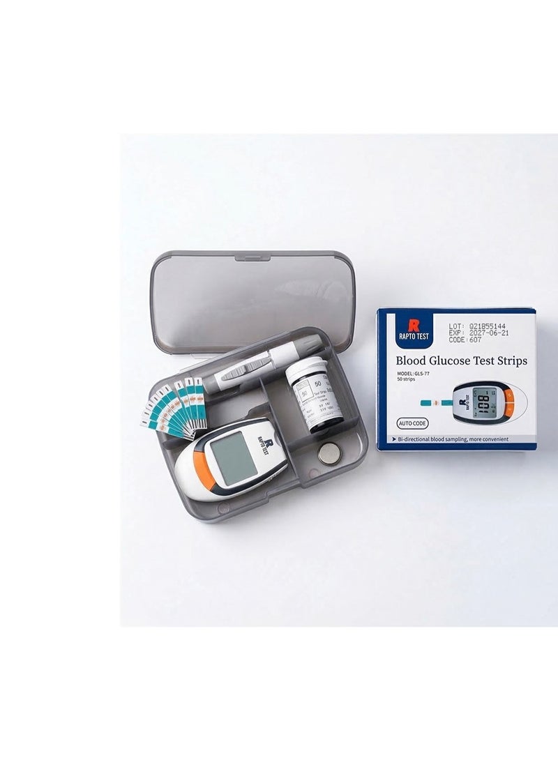 مجموعة RAPID TEST لقياس سكر الدم تشمل الجهاز وعلبة شرائط 50 قطعة، شاشة رقمية واضحة، قياس سريع بعينة دم صغيرة جدًا 0.5 ميكرولتر - Image 2