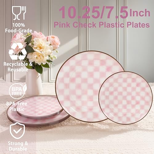 U-QE UQE 20PCS Pink Plastic Plates for Party Retro Checkered Plates Disposable Heavy Duty White and Pink Plate for Party Birthdays 10 1025 Inch Dinner and 10 75 Inch Dessert Plate - Image 3