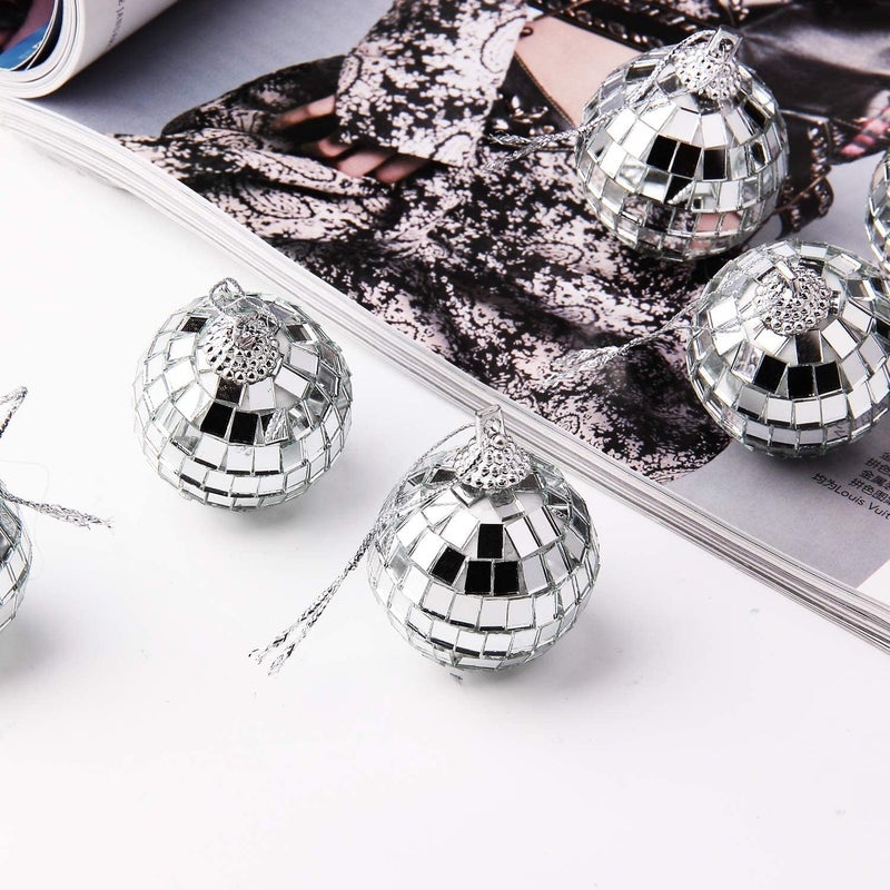 جاكاي 24 PCS Silver Disco Mirror Ball لزينة الحفلات الشجرة عيد ميلاد الزفاف الحلي (3 سم) - Image 3