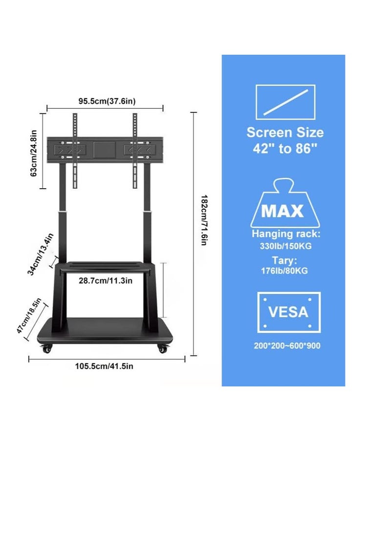 Helseyhen Rotating Mobile TV Cart with Wheels, Height Adjustable, Heavy Duty Floor Base for LCD, LED, OLED Flat Screens 42"-86", Moves up to 176 lbs - Image 4