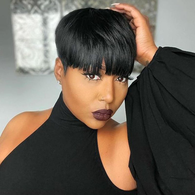 PangDongLai PangDongLai Pixie wigs for Black Women Human Hair Glueless Short Wigs with Bangs Layered Pixie Cut Wigs Brazilian Remy Human Hair Full Machine Made Wig Natural Black Color Short Wigs for Black Women