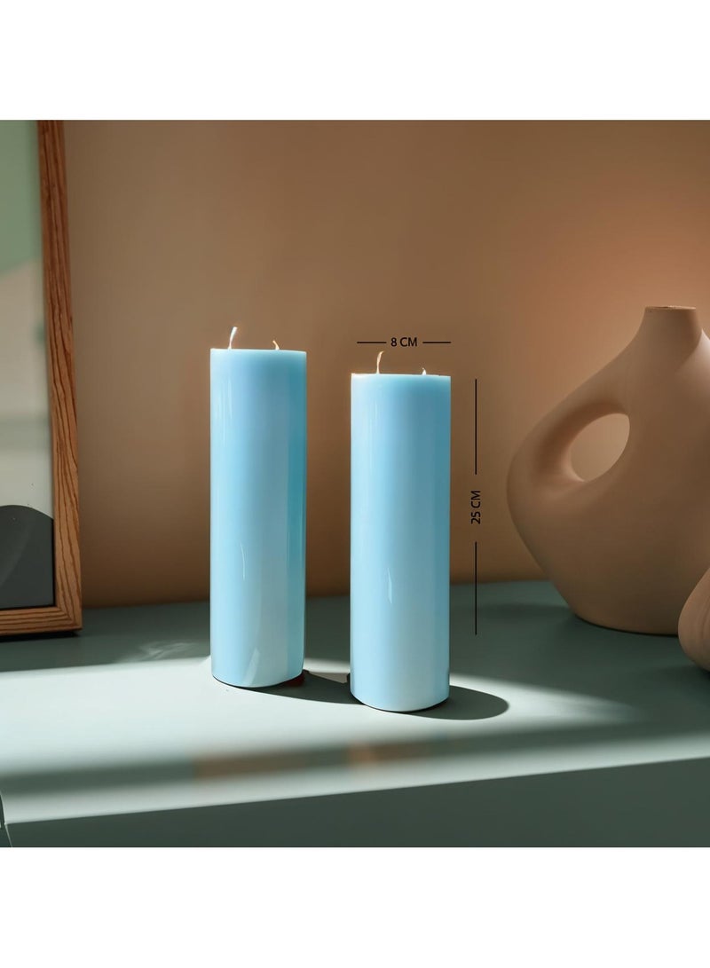 Handmade Set of 2 Pillar Candles with 2 Flame Wicks – Unscented and Dripless – Ideal for Weddings, Events, or as Large Home Candles – Size 8 x 25 cm – Sky Blue Color - Image 1