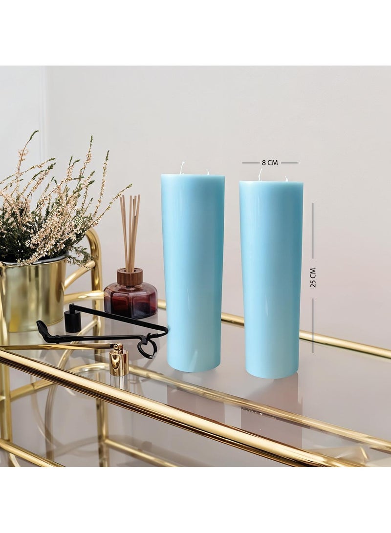 Handmade Set of 2 Pillar Candles with 2 Flame Wicks – Unscented and Dripless – Ideal for Weddings, Events, or as Large Home Candles – Size 8 x 25 cm – Sky Blue Color - Image 2