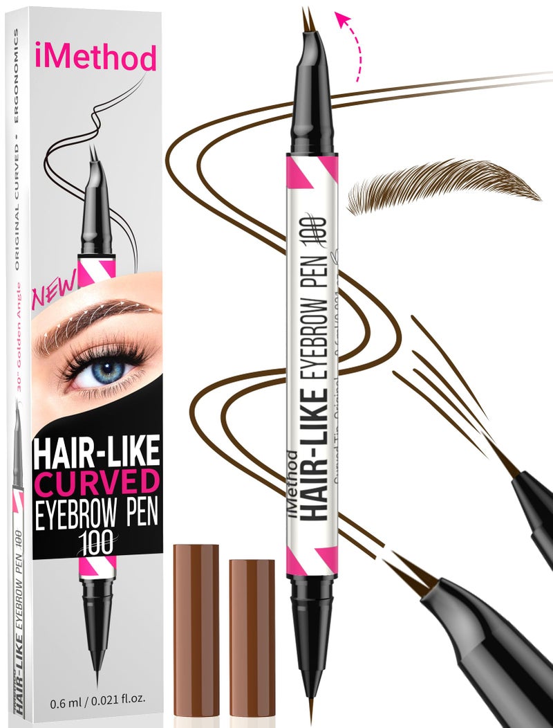 iMethod Curved Eyebrow Pen - 2-in-1 Dual-Ended Eyebrow Pencil with Curved Tip and Precise Brush-Tip, Microblading Pen for Natural Brows, Dark Brown - Image 1