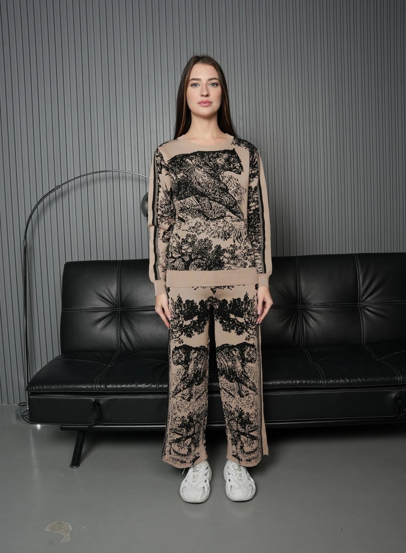 Andy 2333 | Women's Cotton Printed Two-Piece Set | Knit Top and Wide-Leg Pants | Beige - Image 1