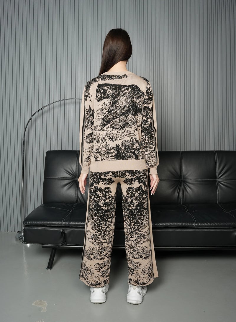 Andy 2333 | Women's Cotton Printed Two-Piece Set | Knit Top and Wide-Leg Pants | Beige - Image 3