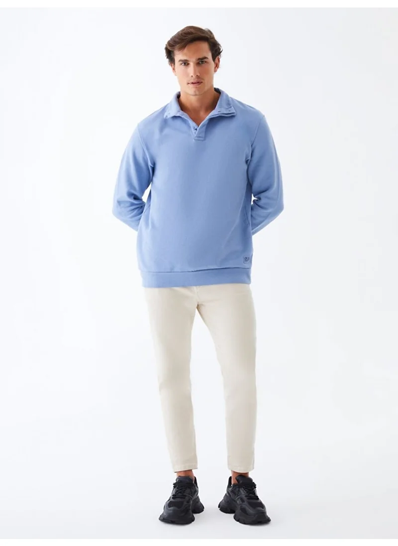 إل تي بي Plain Stand Collar Long Sleeve Regular Fit Blue Sweatshirt
