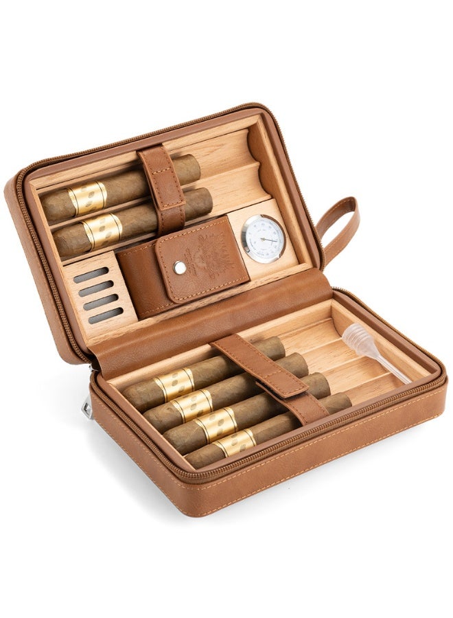 LUBINSKI Travel Cigar Humidor Set – 6-Cigar Capacity with 5-in-1 Premium Lighter & Built-In Hydrometer, Brown Leather - Image 1
