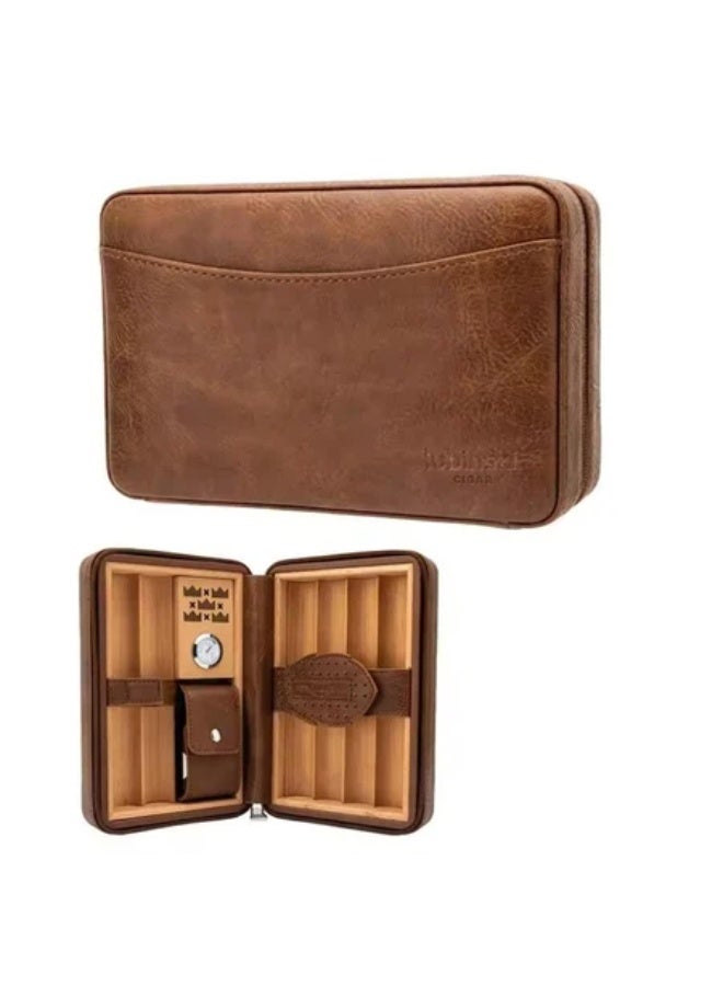 LUBINSKI Travel Cigar Humidor Set – 6-Cigar Capacity with 5-in-1 Premium Lighter & Built-In Hydrometer, Brown Leather - Image 3