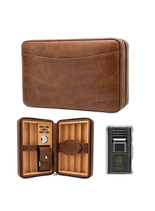 LUBINSKI Travel Cigar Humidor Set – 6-Cigar Capacity with 5-in-1 Premium Lighter & Built-In Hydrometer, Brown Leather - Image 2