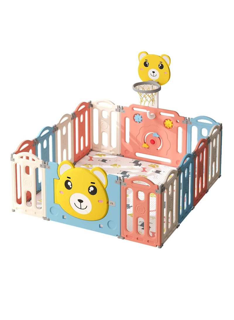 Arabest Baby Playpen with MAT Portable Kids Play Yards Ball Fence Foldable Gated Fences for Crawling with Basketball Hoop Multicoloured  - Image 2