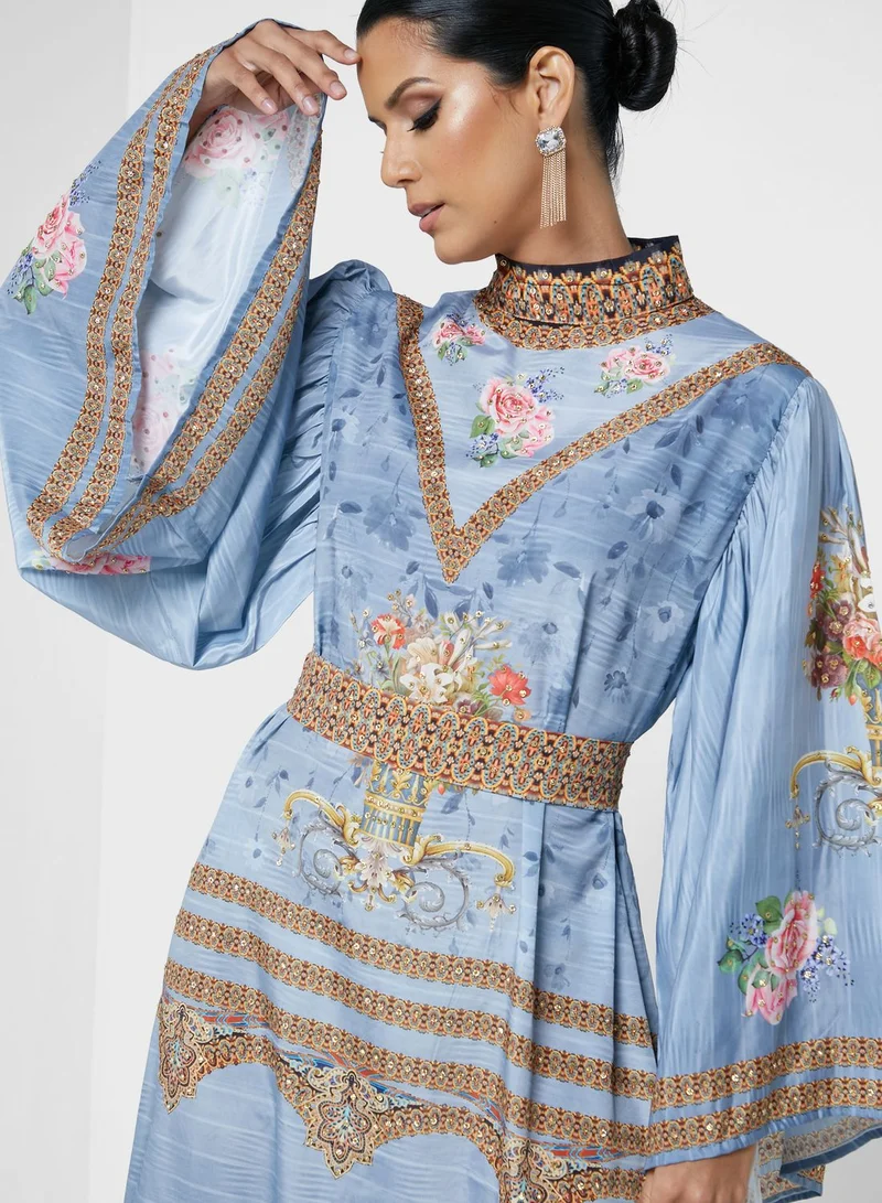 ARABIAN CLOSET High Neck Belt Detail Printed Jalabiya