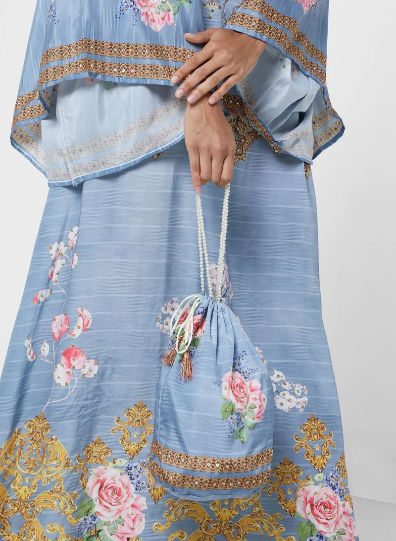 ARABIAN CLOSET High Neck Belt Detail Printed Jalabiya