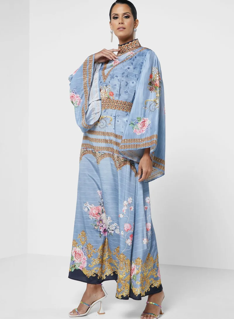 ARABIAN CLOSET High Neck Belt Detail Printed Jalabiya