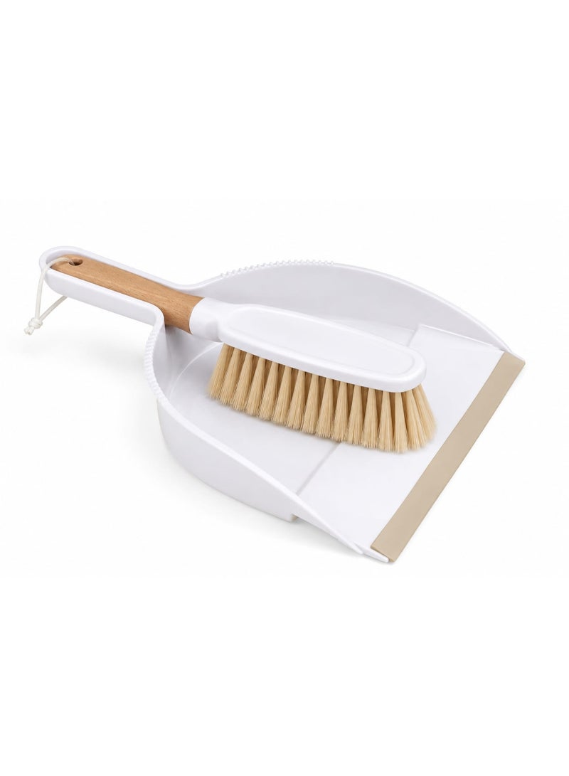 AZ Hand Brush & Dustpan Cleaning Set – Wooden Handle – White - Image 1