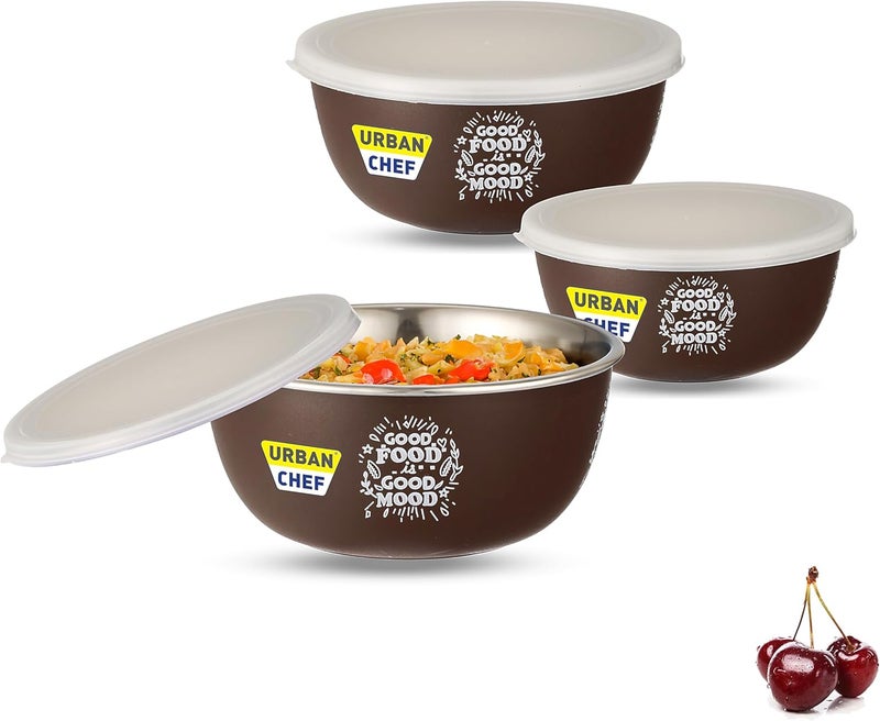 URBAN CHEF Mixing Bowl Set of 3 Stainless Steel (500ml, 800ml,1250ml) | Microwave Safe & Dishwasher Safe | Bowl Set with Lid for Gift | Bowls for Snacks | Serving Bowls Kitchen Accessories -Brown - Image 1