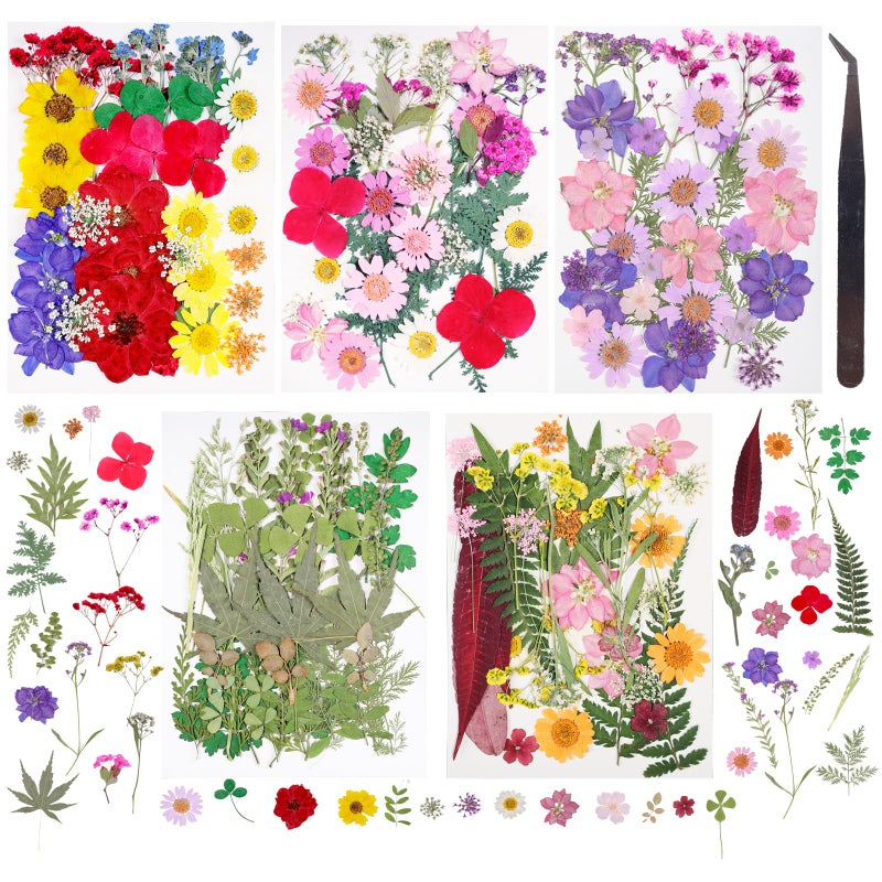 180Pcs Dried Pressed Flowers Resin Mould Real Pressed Flowers Natural Dry Leaves Bulk Mixed Colorful Herbs Kit with Tweezers for Scrapbooking DIY Candle Jewelry Crafts Making Nails Bright Color
