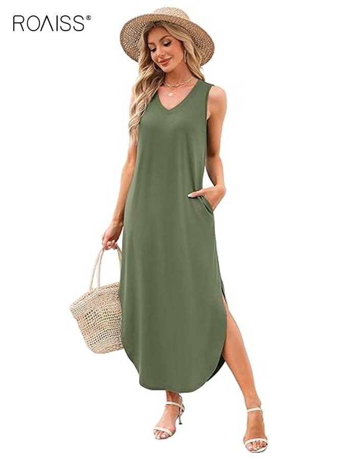 roaiss Women's V-Neck Sleeveless Pullover Mid-Waist Summer Dress Comfortable and Breathable Extra-Long Dress Vacation Beach Vest Dress with Pockets Casual Dress Green - Image 4