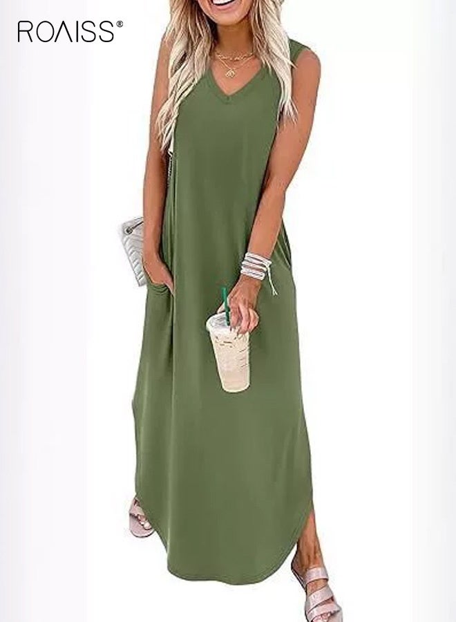 roaiss Women's V-Neck Sleeveless Pullover Mid-Waist Summer Dress Comfortable and Breathable Extra-Long Dress Vacation Beach Vest Dress with Pockets Casual Dress Green - Image 1