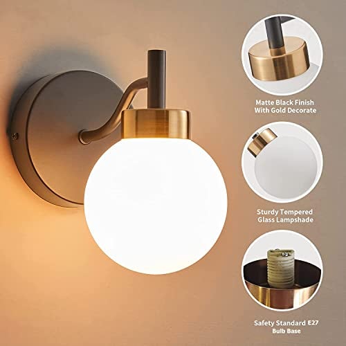 WHITERAY Bedside Wall Light Lamp with Glass Shade for Bedroom, Living Room Modern, Restaurant, Kitchen or for Home Decoration. (Doom Glass (Black & Gold), Without Bulb) - Image 3