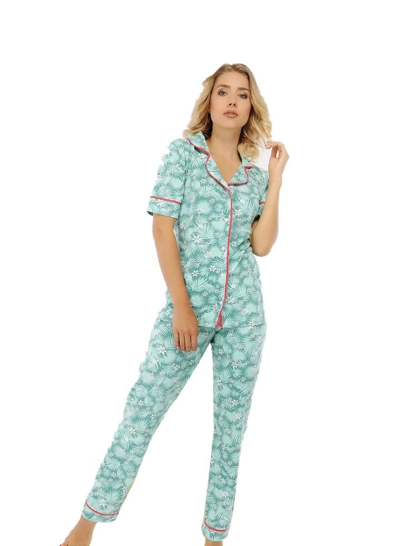 Ganna Pajama set with buttons for women short sleeve and long pants summer cotton