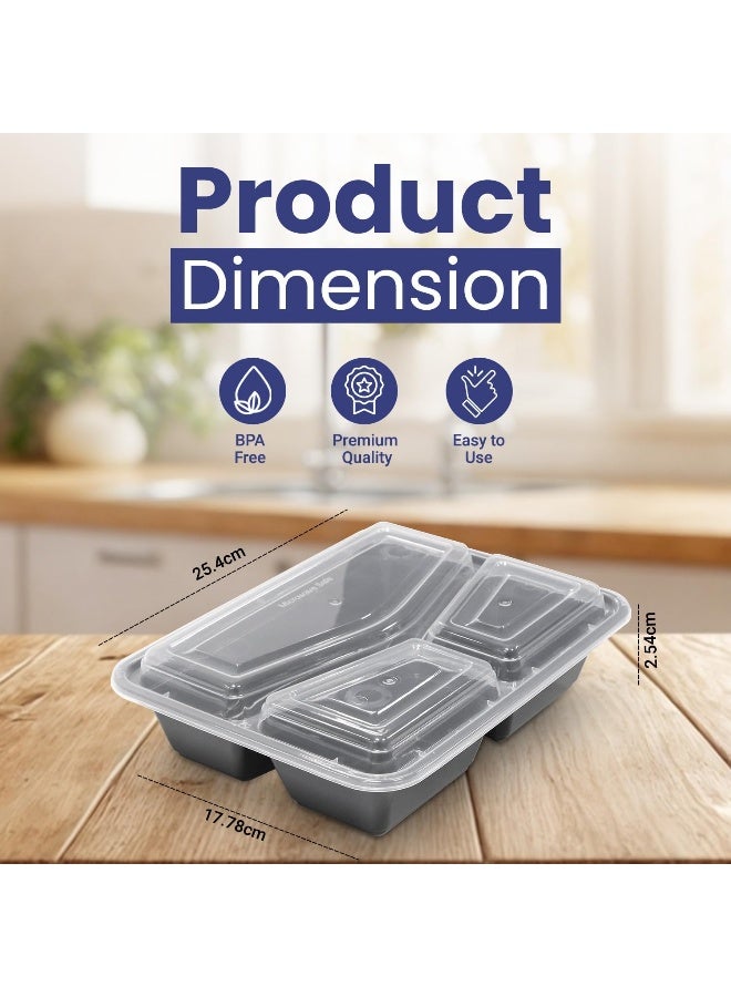 إس إن إتش باكينج SNH Packing عبوة من 24 حاوية طعام مستطيلة قابلة للاستخدام في الميكروويف مع أغطية - 3 أقسام - مجموعة حاويات تحضير الوجبات - حاويات بلاستيكية لتخزين الطعام في المطبخ - حاويات طعام جاهزة للأخذ للغداء. - Image 2