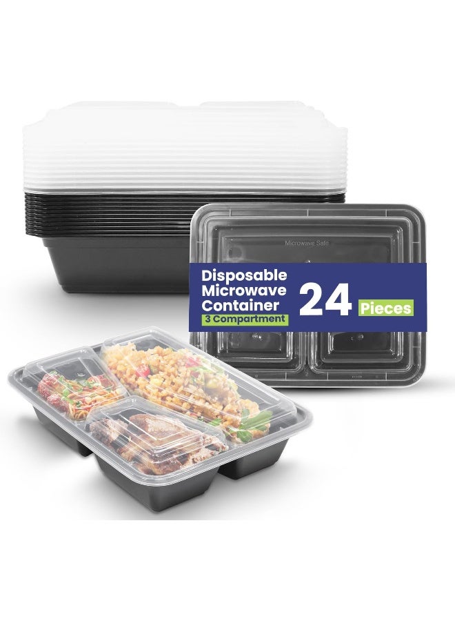 SNH Packing 24 Pieces Microwave Disposable Container With Lid Rectangular - 3 Compartment Meal Prep Container Set - Plastic Container For Kitchen Food Storage - Take Away Containers For Lunch Boxes