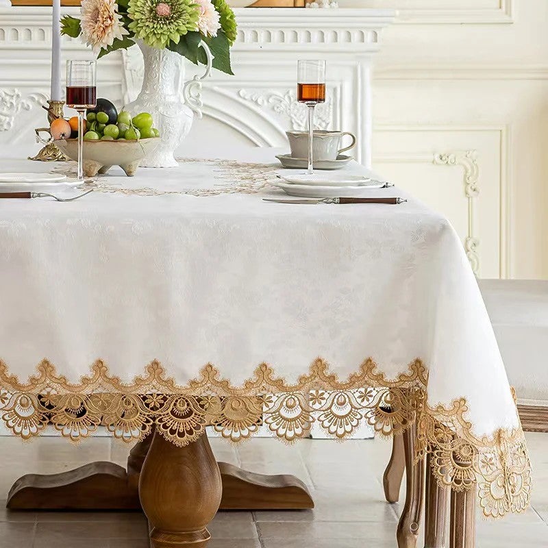 Y&D European-Style Jacquard Table Mat with Lace Edge – Elegant Coffee Table Cloth & Six-Person Dining Tablecloth, Includes Matching Table Runners for Stylish Home Decor - Image 1