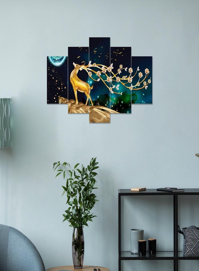 AlertEra Industries Wall Paintings | Wood Wall Art for Bedroom | Deer Printed Wall Sculpture | Painting for office | Painting for Hotels | 5 Piece Set | (17x30) | Blue - Image 1