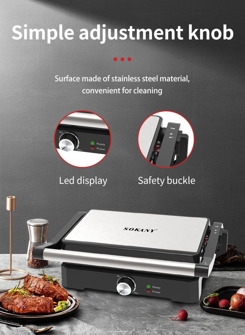 sokany Family Health Grill, Panini Grill, Steak Machine, 1500 Watts, Non-Stick & 180° Full Flat Grill, Temperature Control, SK-08026 Black - Image 4