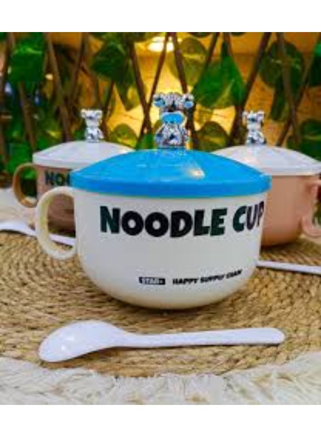 Plastic bowl on the outside and stainless steel on the inside, with a lid and spoon.