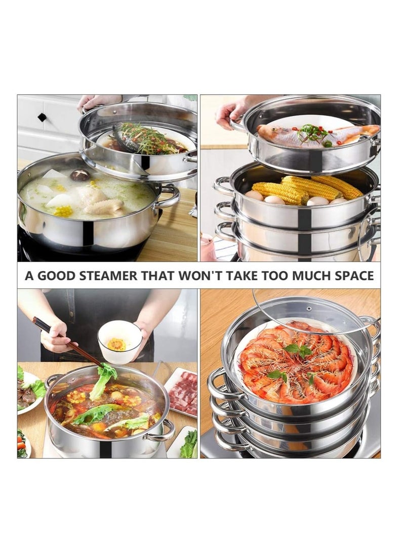 Steam Pot,4 Tier Steamer With Lid Stepped Steamer And Twin Handles,Stainless Steel Stockpot,Multifunction Large Soup Pot Cooking Pot For Living Kitchen Food Cooking,28X40CM Rice Steamer - Image 3