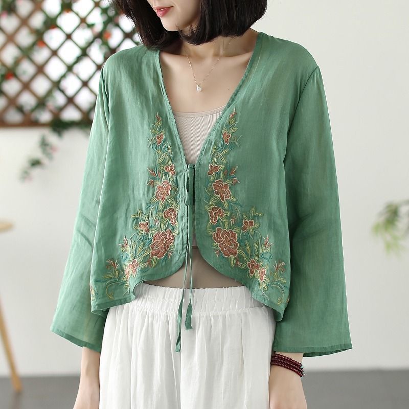 2024 Spring Autumn Embroidered Cotton Linen Shirt Women J#D43 Purple  - Image 2