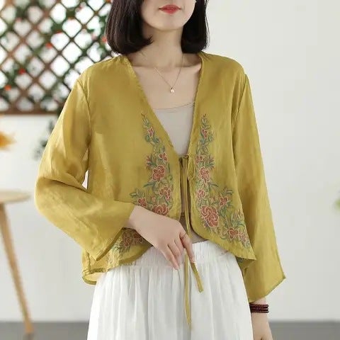 2024 Spring Autumn Embroidered Cotton Linen Shirt Women J#D43 Purple  - Image 3