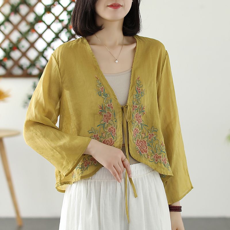 2024 Spring Autumn Embroidered Cotton Linen Shirt Women J#D43 Purple  - Image 5