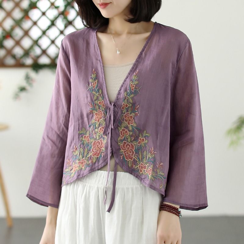 2024 Spring Autumn Embroidered Cotton Linen Shirt Women J#D43 Purple  - Image 1